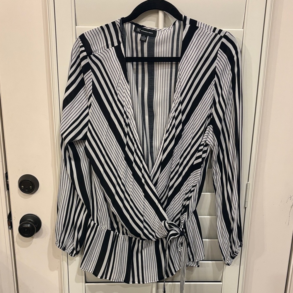 INC Wrap Front Black and White Striped Blouse